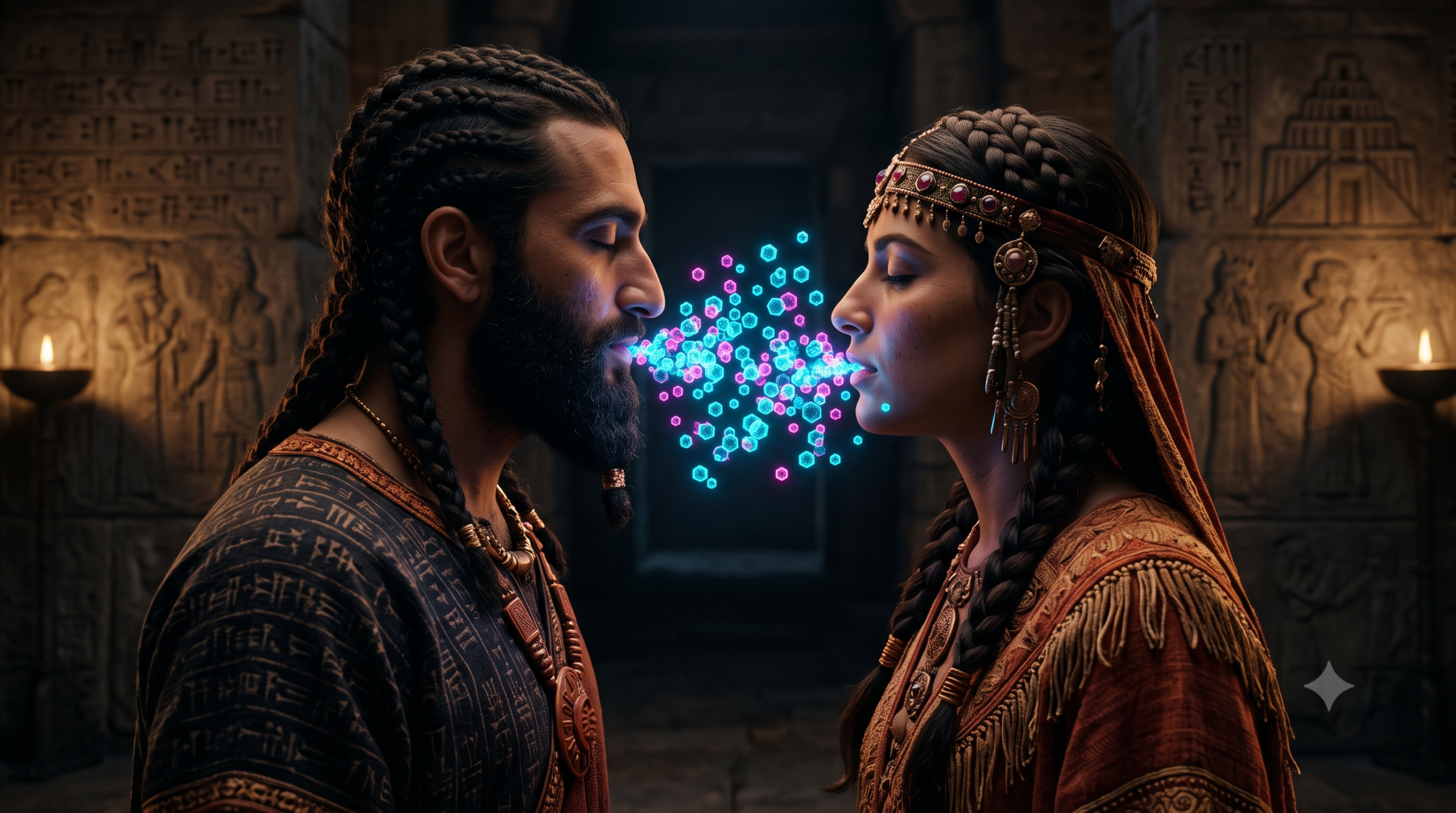 Perfil de um casal sumério antigo em um templo de pedra escuro, inclinando-se para um beijo. Entre seus lábios quase tocando, há uma nuvem brilhante de partículas hexagonais neon em azul e rosa, representando o vírus do herpes.