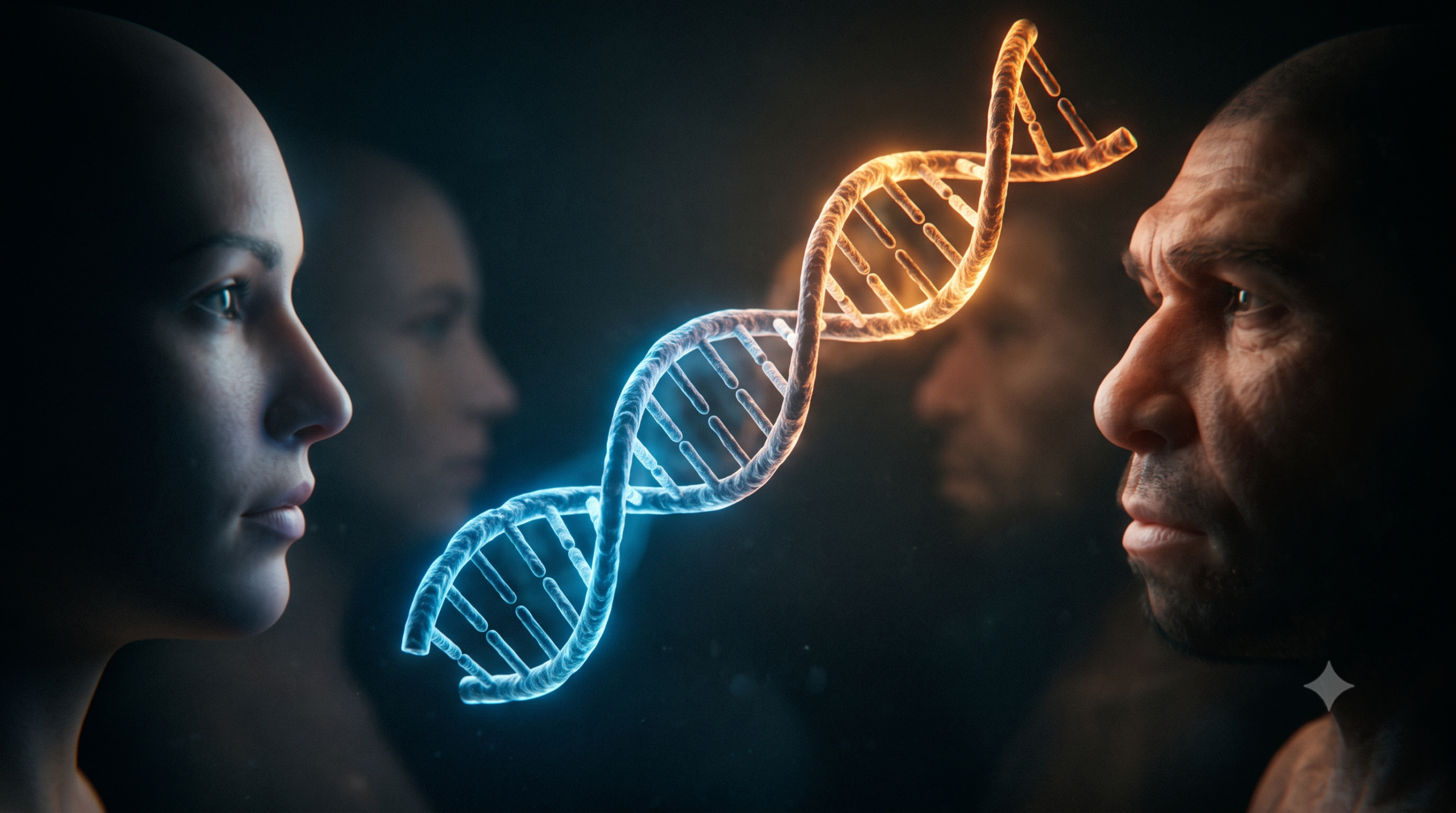 Uma molécula de DNA em dupla hélice translúcida e brilhante flutua no centro, dividida entre uma metade azul tecnológica à esquerda e uma metade dourada primordial à direita. Atrás dela, os perfis de um Homo sapiens moderno (esquerda) e de um Neandertal (direita) se encaram, mesclados suavemente no fundo escuro e iluminados pelas cores do DNA.