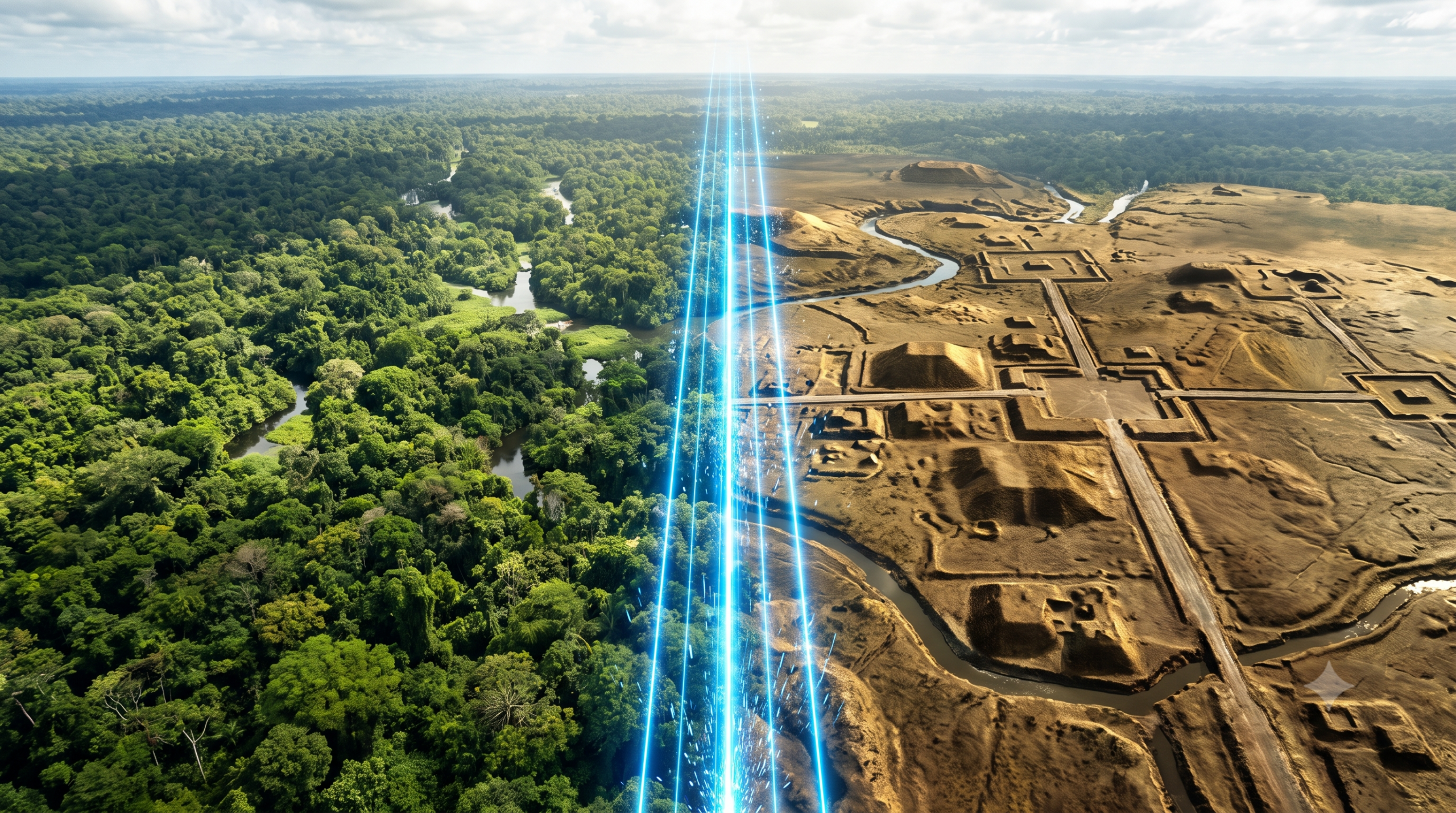 Vista aérea dividida verticalmente. Lado esquerdo: densa Floresta Amazônica verde sob luz solar. Lado direito: o relevo do solo processado por LiDAR em marrom e dourado, revelando redes urbanas antigas geométricas e estradas retas sob a floresta, com lasers azuis na divisória.