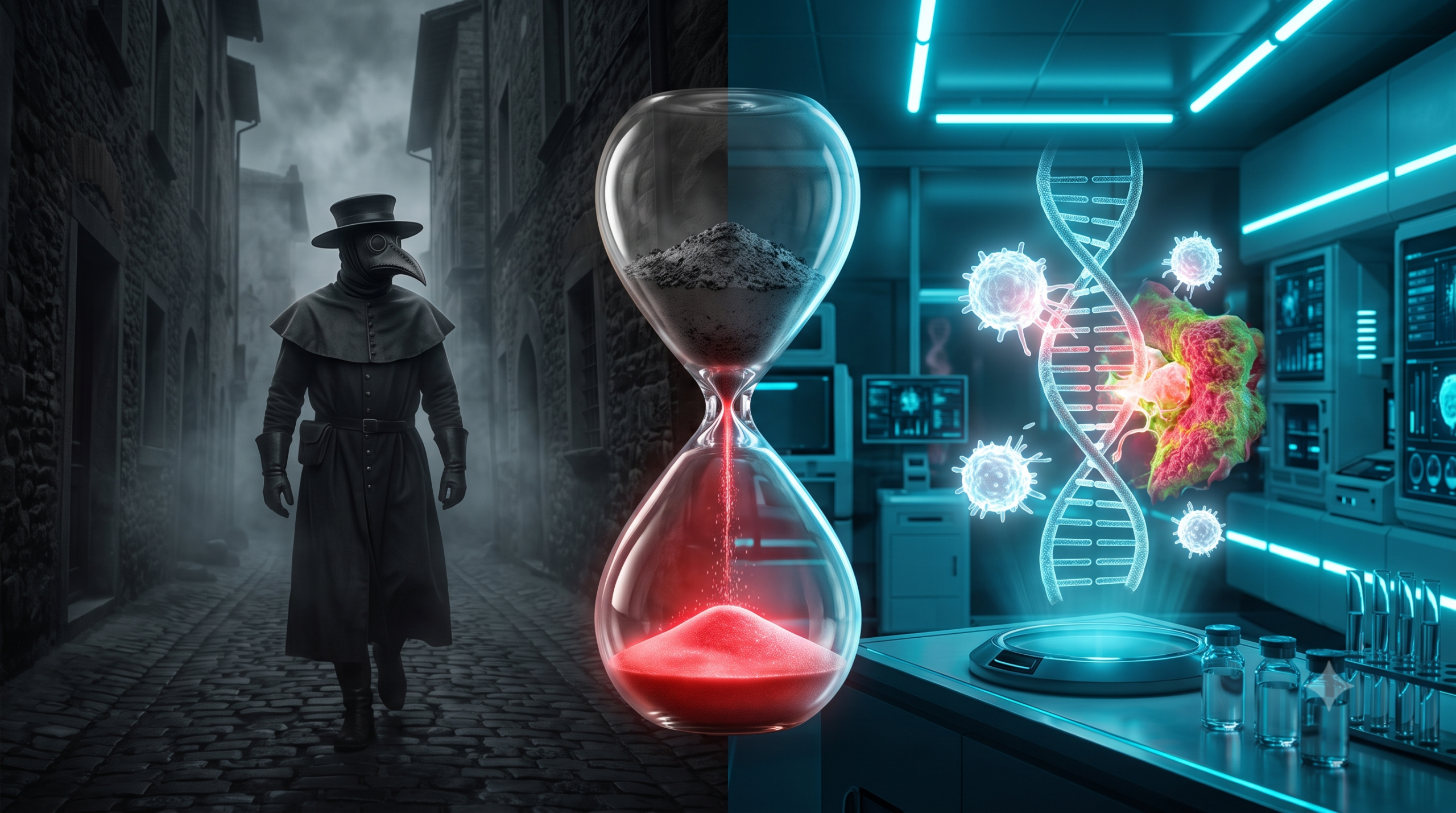 Imagem dividida ao meio representando a evolução da medicina. No lado esquerdo escuro e medieval, um médico da peste caminha na neblina. No lado direito futurista e azul, uma molécula de DNA brilhante e células atacam uma doença. No centro da imagem, uma grande ampulheta de vidro transforma cinzas escuras que caem em um líquido vermelho brilhante na base.