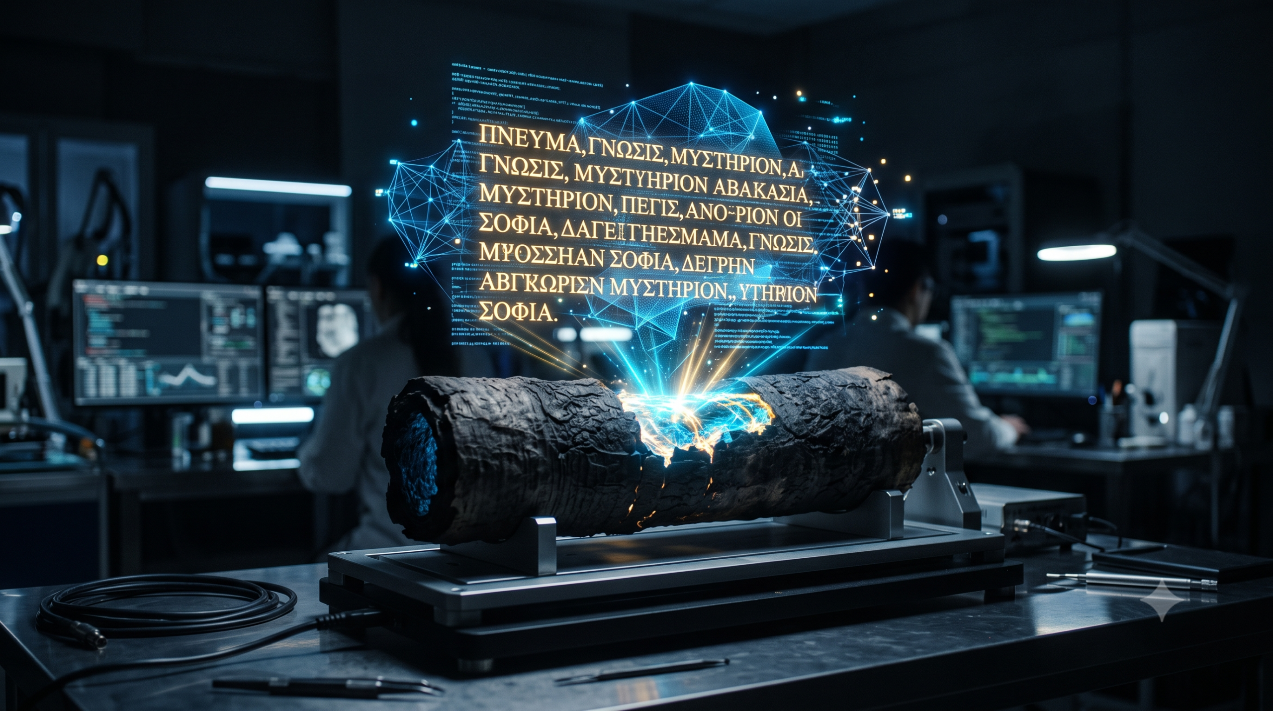Papiro romano carbonizado no centro projeta hologramas azuis e dourados de texto grego antigo e redes geométricas de IA sobre uma plataforma tecnológica em um laboratório escuro.