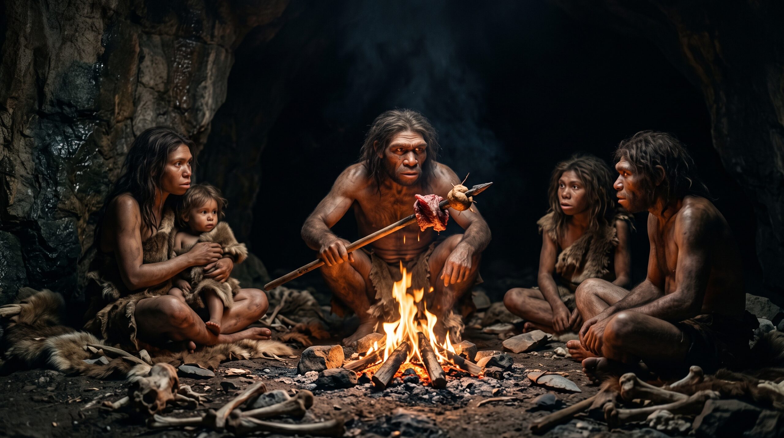 Cinco hominídeos pré-históricos rústicos vestindo peles de animais sentados ao redor de uma fogueira em uma caverna escura. Um deles, à esquerda, usa uma lança de madeira para cozinhar carne crua e raízes sobre as chamas. Outros observam. Ferramentas de pedra estão no chão. Fundo desfocado com formações rochosas.