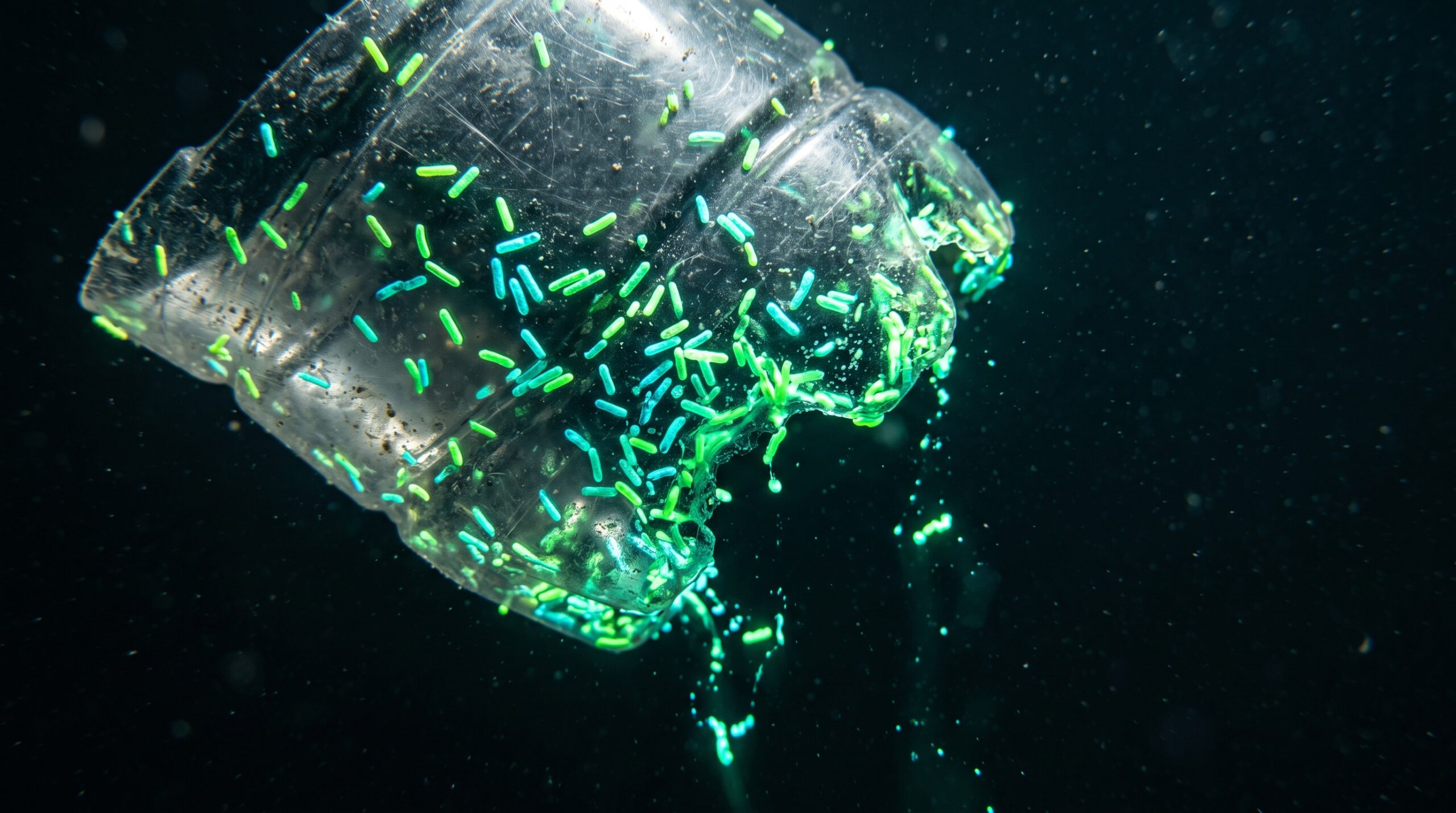 Macro fotografia de um fragmento rígido de plástico transparente em água marinha escura, coberto por minúsculas bactérias em formato de bastonetes bioluminescentes brilhando em verde-neon e azul-ciano. As bactérias estão corroendo a borda do plástico, dissolvendo-o e criando partículas líquidas luminosas que flutuam para o fundo escuro.