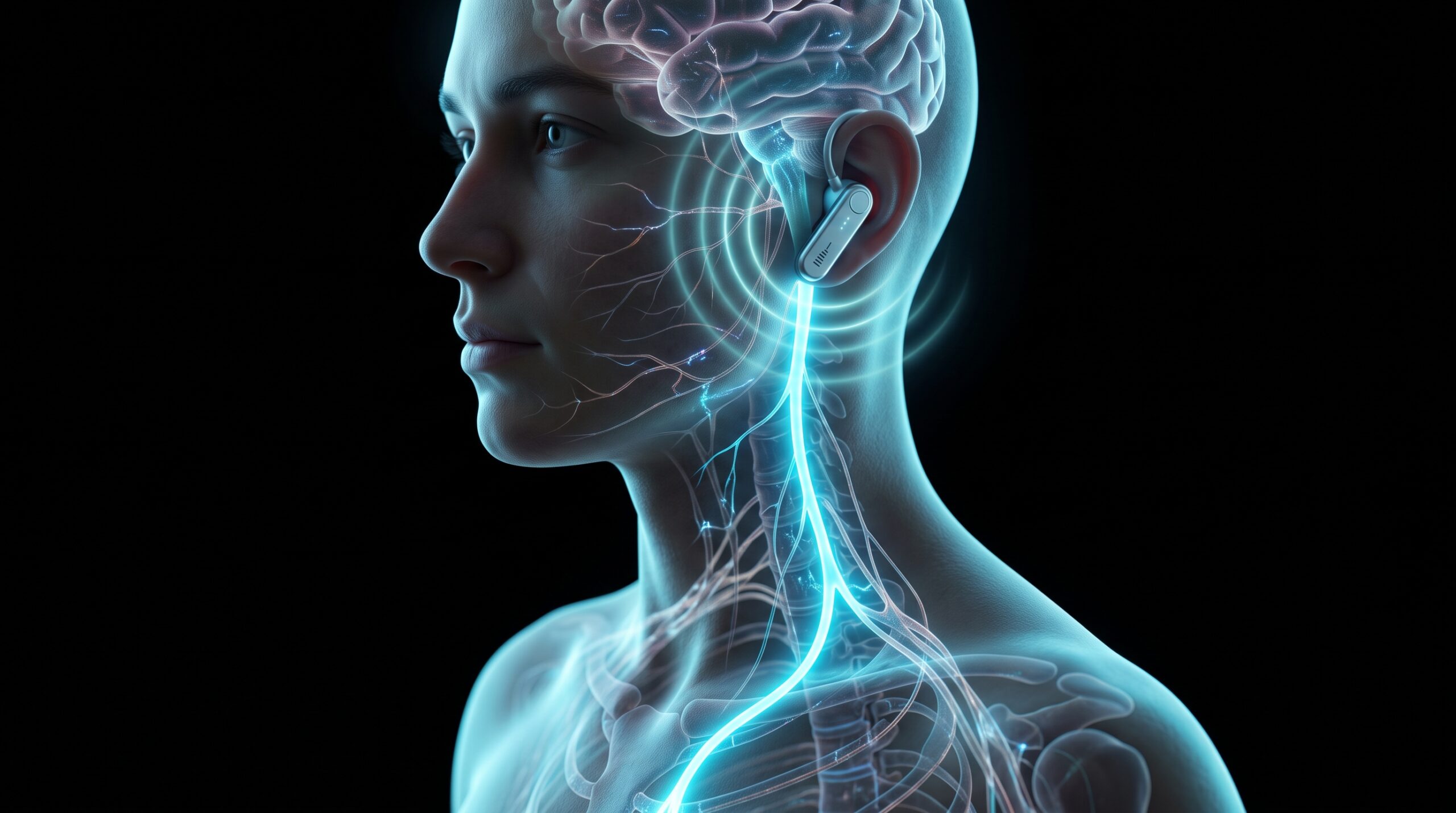 Perfil lateral de uma pessoa com pele translúcida exibindo uma rede bioelétrica azul-ciano que representa o sistema nervoso. O nervo vago brilha intensamente descendo do cérebro até o tórax. Um pequeno dispositivo tecnológico moderno na orelha emite anéis de energia circular em direção ao nervo. O fundo é completamente escuro.